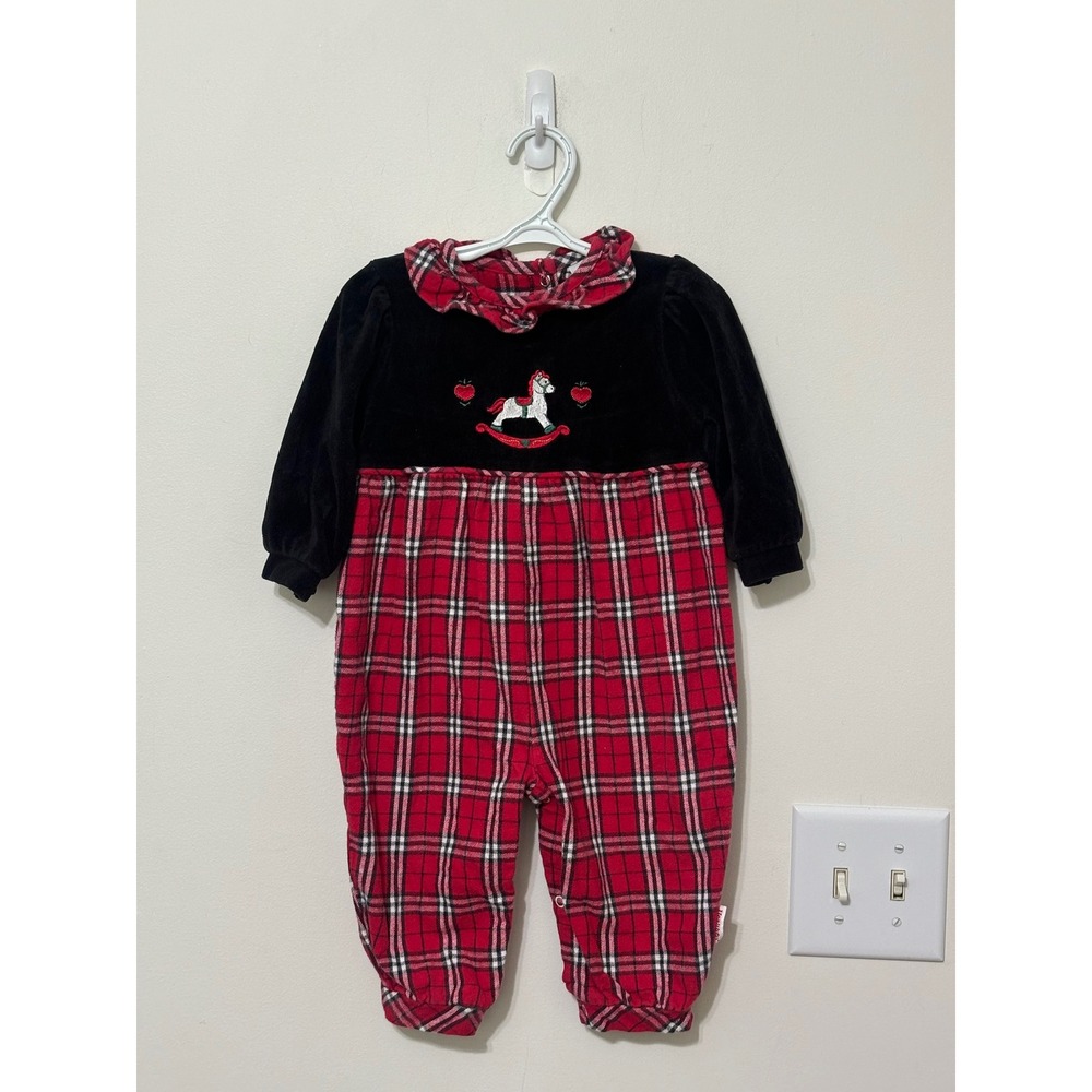 Vintage Healthtex Baby‎ Romper Rocking Horse Plaid Holiday Outfit 18 Months